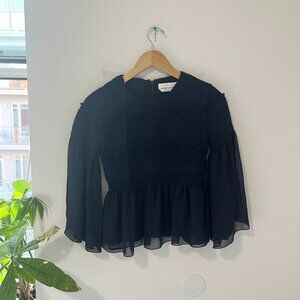 See By Chloe Dark Navy Blue Smocked Long Sleeve Blouse Size 34